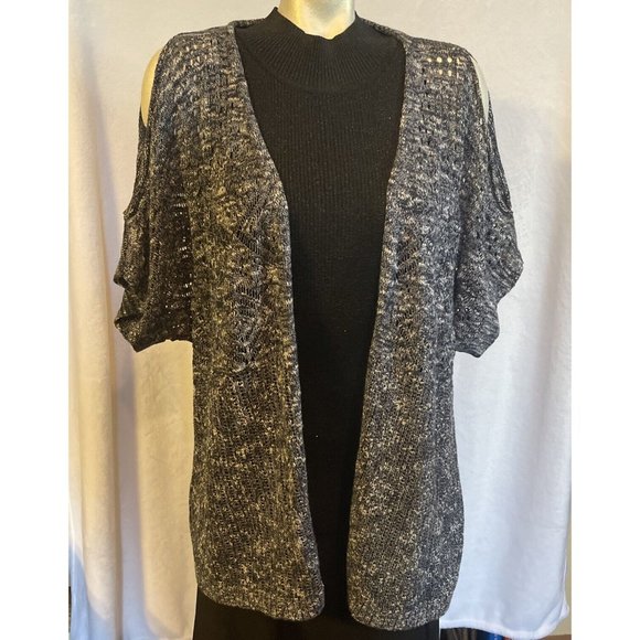 Womens 1X‎ CJ Banks Open Weave Sweater Open Shoulder Navy Short Sleeve - Picture 1 of 8